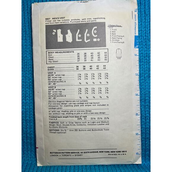Butterick sewing pattern 6827 mens vest size 36 - Picture 3 of 6